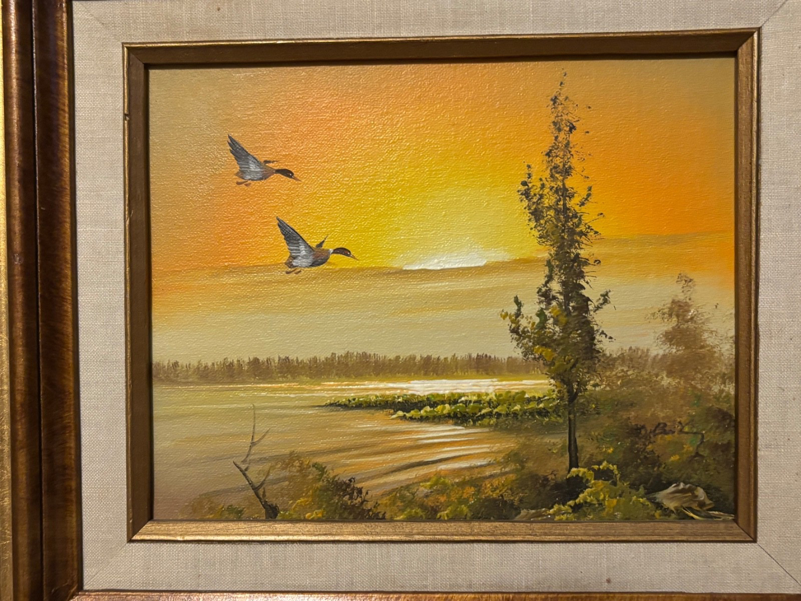 Water Fowl Picture In Unique “Gold Toned Recessed” Wood Frame