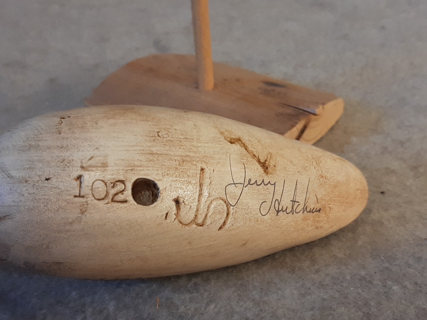 Vintage Carved Shorebird Decoy branded & Signed Jerry Hutchins Sport’en Art 102