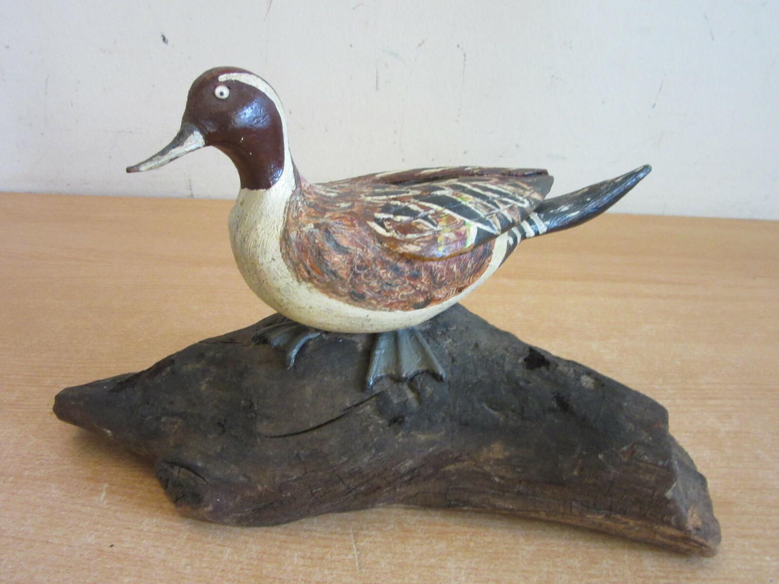 Vintage painted Duck Decoy hand made wood carving folk art on drift wood