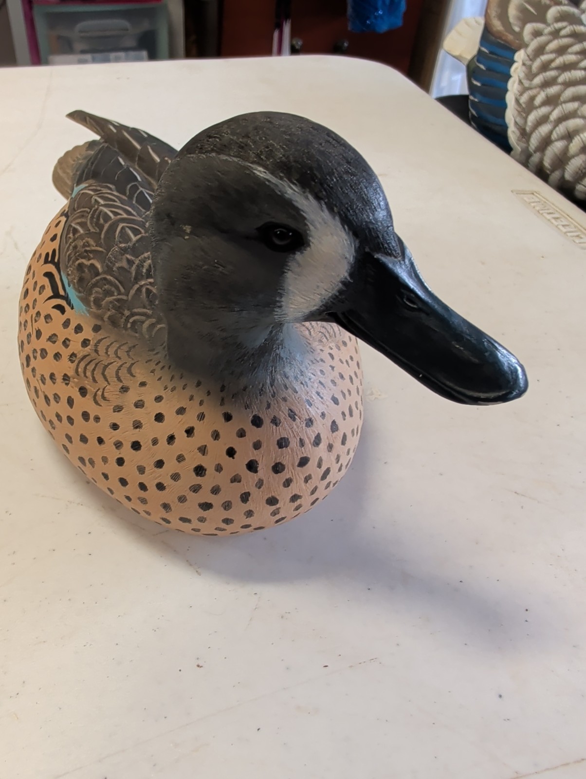 Blue Winged Teal Decoy. Chipped Tail Feather