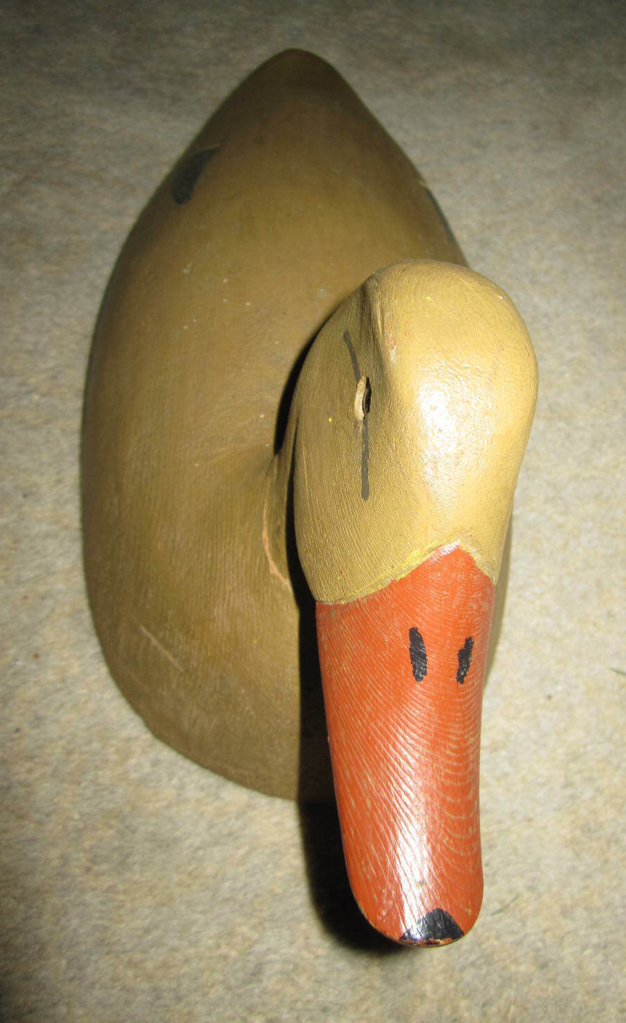 Vtg hand painted hollow wooden tan mallard hen duck decoy w glass eye, unsigned